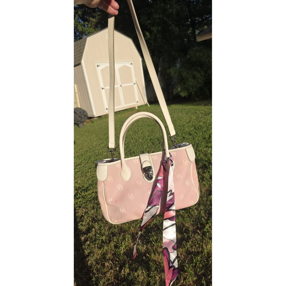 Dooney & Bourke Monogram Canvas Satchel Bag Pink Leather Trim Crossbody